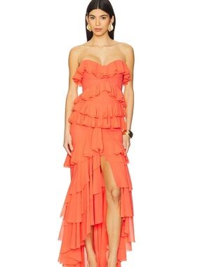 Revolve xMichael Costello Coral Ruffle Strapless Dress - wedding guest dress